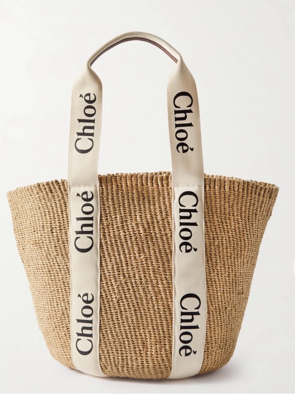AUTHENTIC CHLOE Woody large leather-trimmed raffia tote